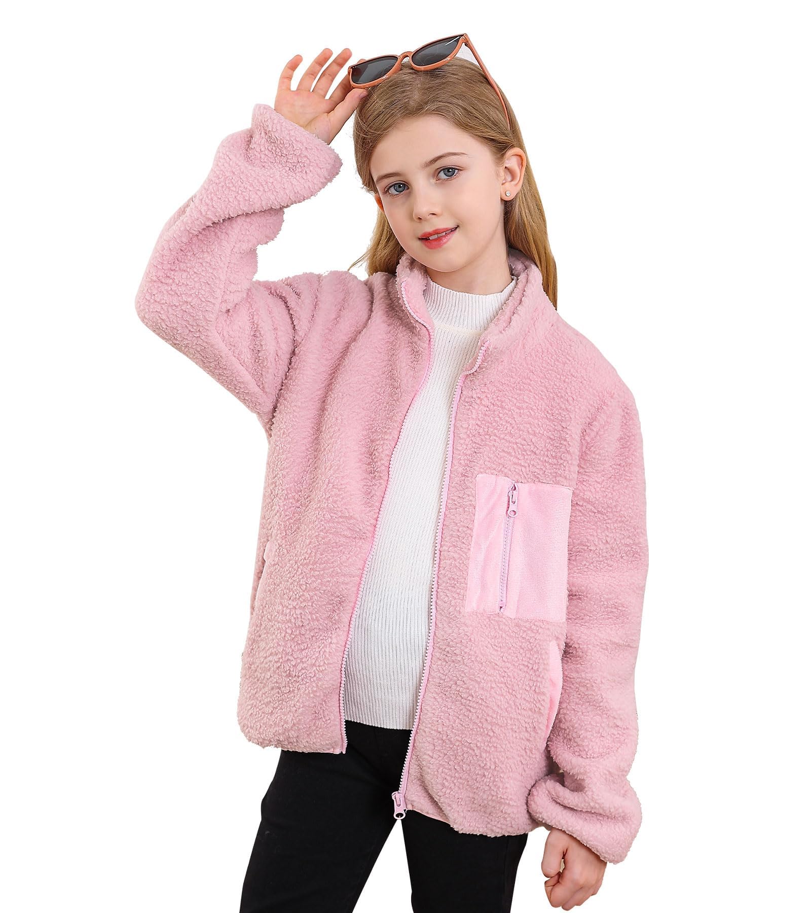 ALISISTER Fleecejacke Mädchen Jungen Sherpa Herbst Winter durchgehender Reißverschluss Flauschiger Mantel Oberbekleidung mit Taschen für 5–12 Jahre