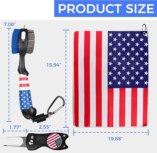 Miniatura 2 de Cepillo de palo de golf y toallas de golf con bandera americana, kit de limpieza de ranuras de golf, herramienta de limpieza de accesorios de golf