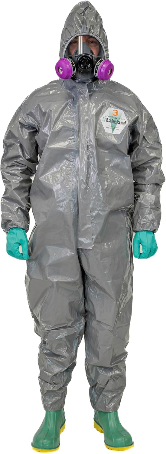 Lakeland ChemMax 3 Hazmat Suit with Respirator Fit Hood, Full Zipper Storm Flap, Elastic Face/Wrist and Ankles, X-Large (6 Pack), Yellow