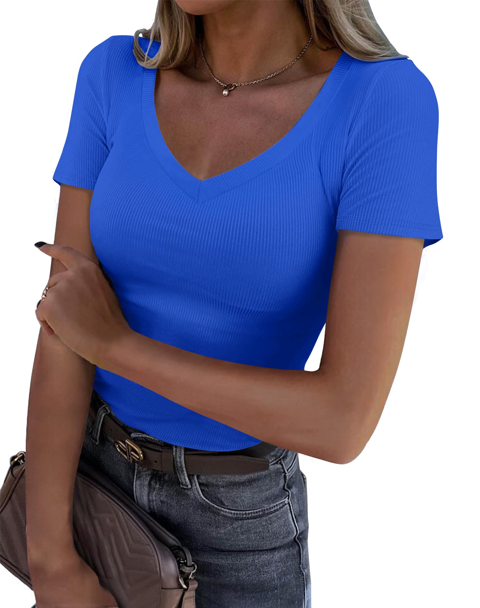 Roselux Women V Neck Ribbed Fitted Tight Tshirt Short Sleeve Shirt Basic Knit Top