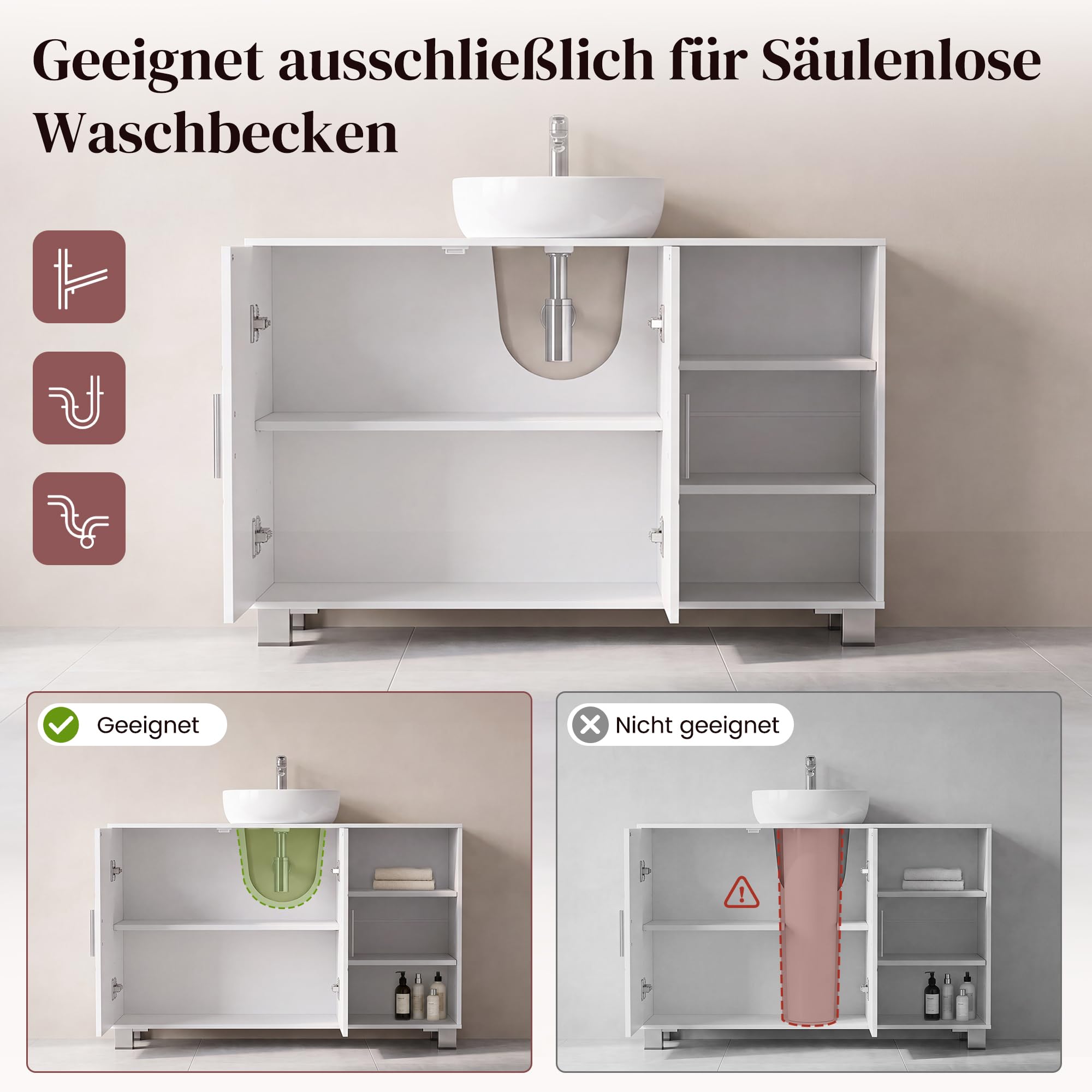 APICIZON Waschbeckenunterschrank, Badunterschrank Weiß, fürs Badezimmer