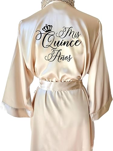 Miniatura 2 de Personalized Satin Robe for Quinceañera, Mis Quince, Sweet 16, Bridesmaid, or Birthday, Custom Glitter Design Batas with Crown, Tiara, or Diamond