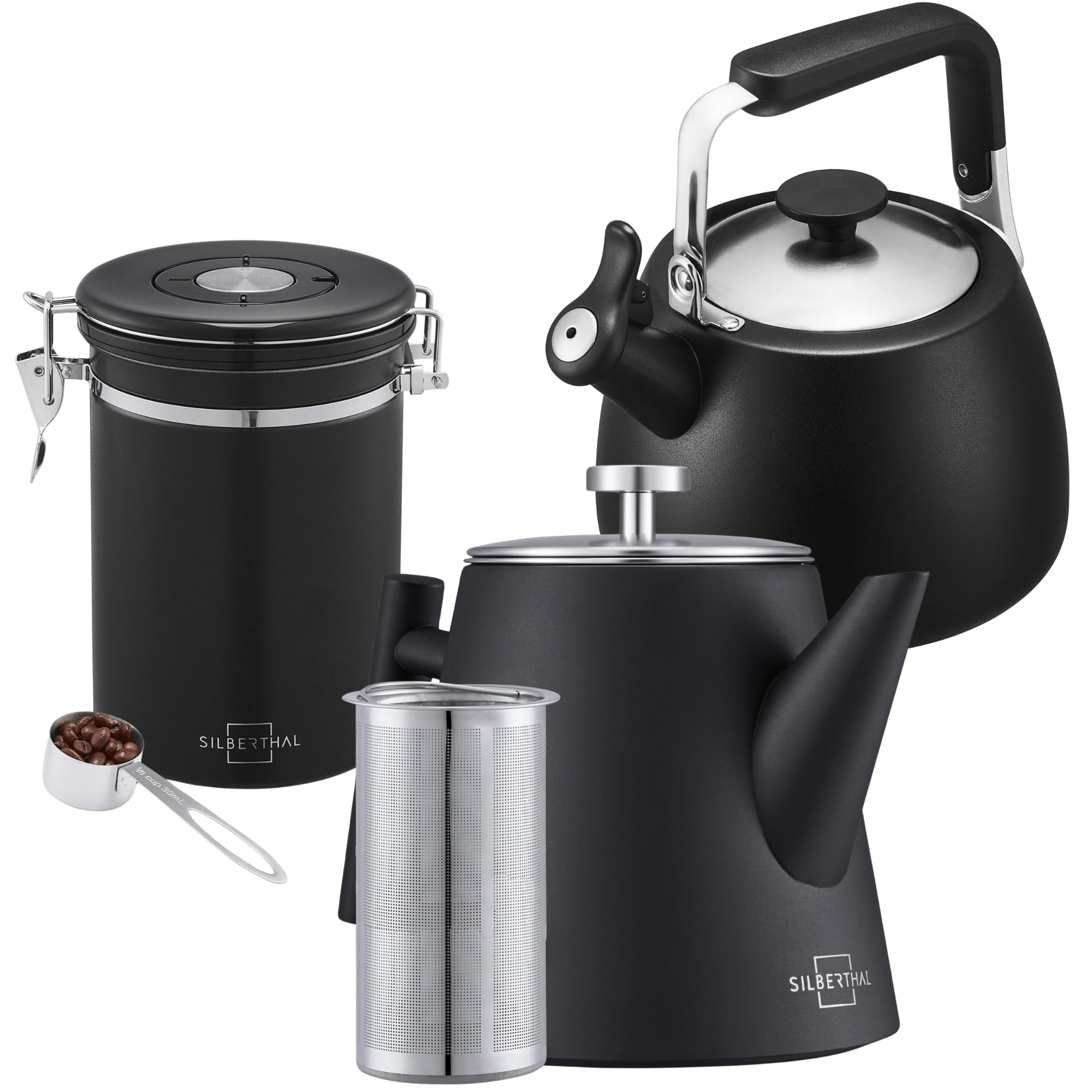 SILBERTHAL Teekannen 3er Set mit Wasserkocher Induktion und Teedose - aus Edelstahl & doppelwandig - Ideales Geschenkset für Teeliebhaber