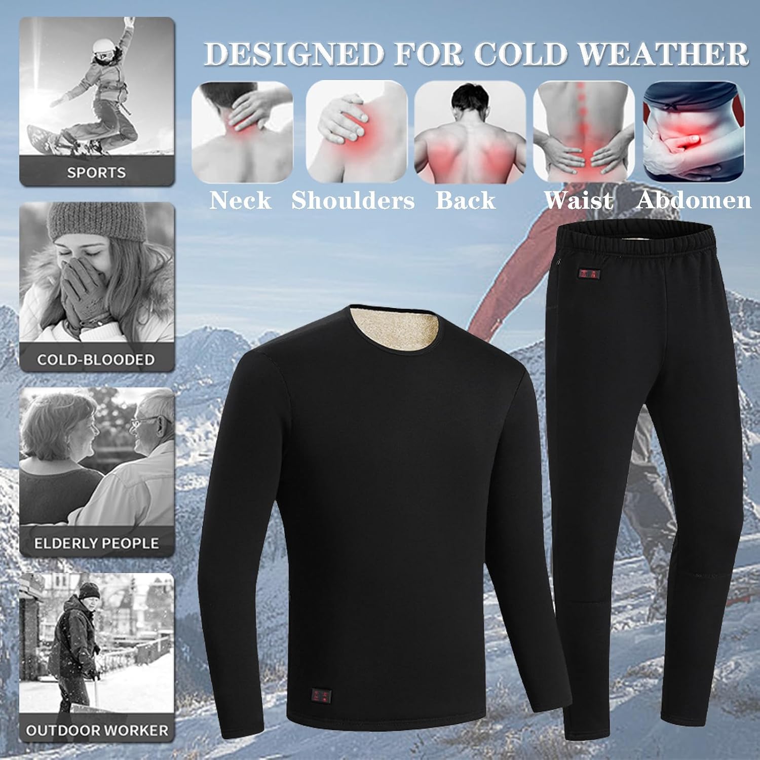 Heated Thermal Underwear Set Dual Control 18 Zones Electric Heating Thick Thermal Underwear Fleece Lined Base Layer