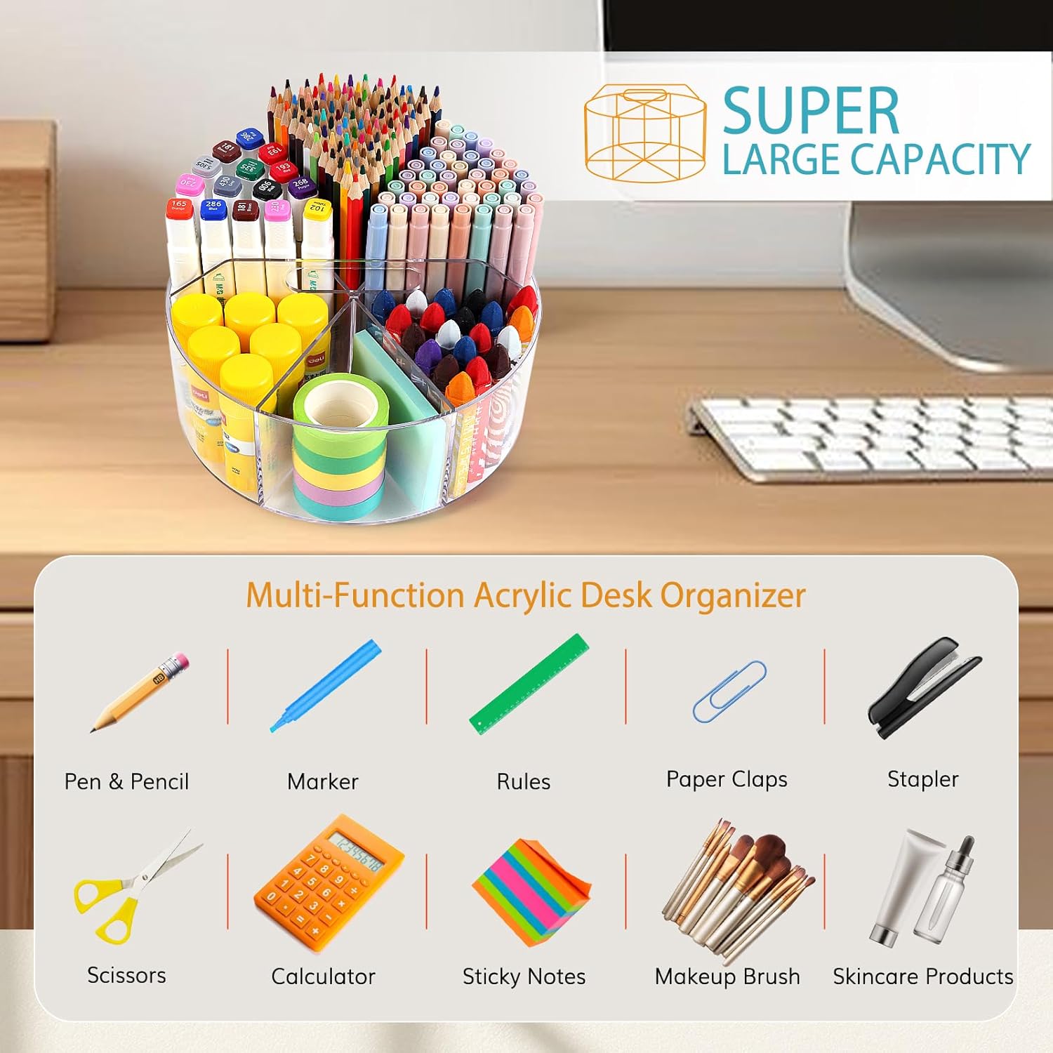 Large Acrylic Pen Holder for Desk, 6 Slots 360-Degree Rotating Pencil Holder Marker Organizer for Kids, Caddy Art Supply Organizer Crayon Organizers for Office School