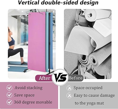 Miniatura 4 de Soporte para colchoneta de yoga colgante, carrito de almacenamiento de metal de doble cara sobre ruedas, estante para pilates de pie para gimnasio