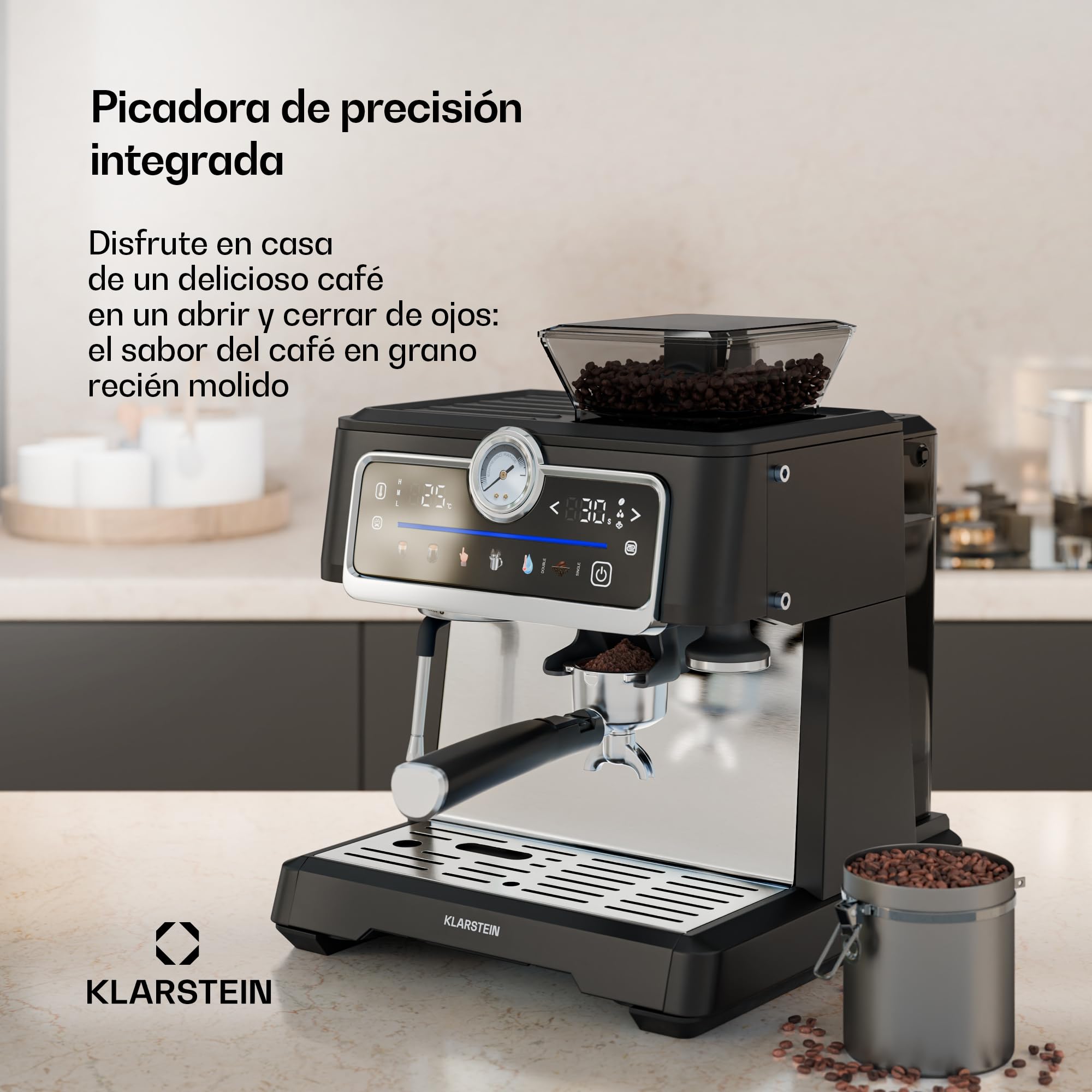 Klarstein GrandPresso Touch Cafetera Exprés 20 Bares - Pantalla Táctil, Molinillo Integrado, 2,3L, Boquilla de Vapor, Acero Inoxidable, Negra, Cafetera Espresso