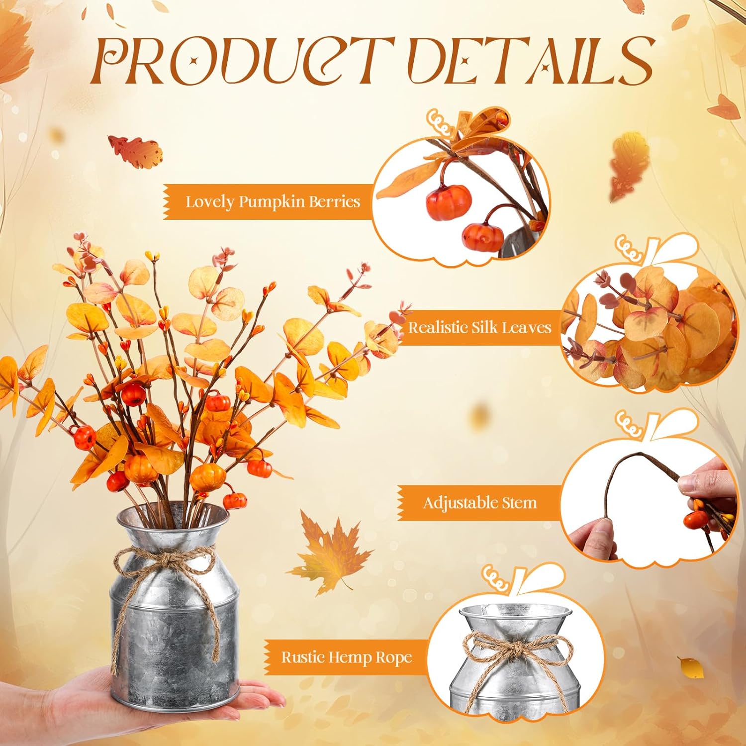 4 Set Thanksgiving Fall Table Centerpiece Decorations Artificial Orange Pumpkins Eucalyptus with Metal Vase Faux Pumpkins Plants in Pots for Autumn Harvest Party Home Dining Table Decor - Image 4