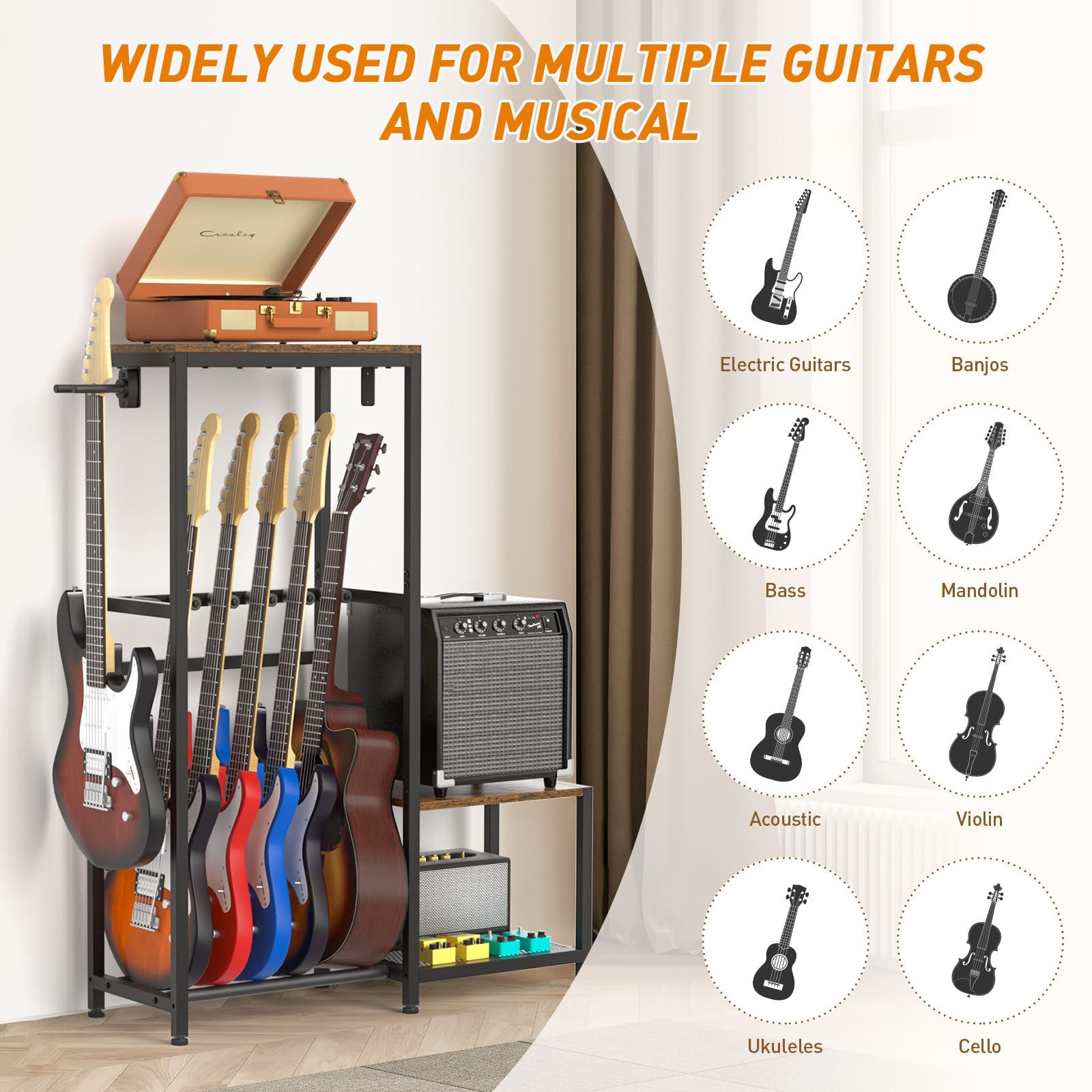 ikkle Soporte de guitarra para soporte acústico, guitarra eléctrica, bajo, ukelele, accesorios de amplificador de guitarra y soporte múltiple para discos de vinilo, con mesa auxiliar para estudio de