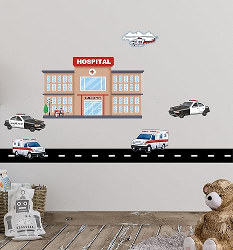 Calcomanías de pared de hospital, murales temáticos para dormitorio, decoración de pared de camión de bomberos y vehículos de emergencia,