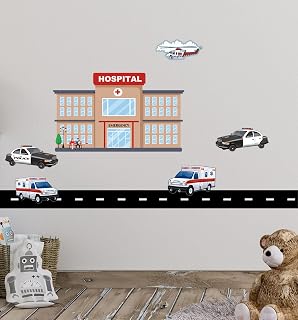 Hospital Wall Decals Murals Theme Boys Bedroom Wall Decor Toddler Fire Truck & Emergency Vehicle Kids Room Stickers Decoration Playroom Birthday Gift Idea (Hospital)