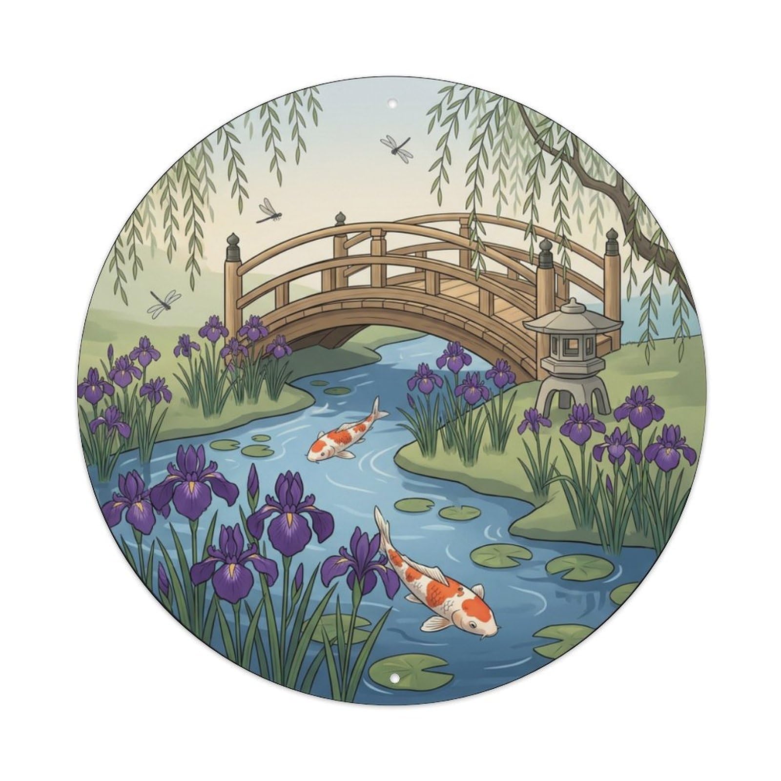 Galvaxio Style Japanese Koi Fish Iris Bridge Purple Elegance Metal Tin Sign