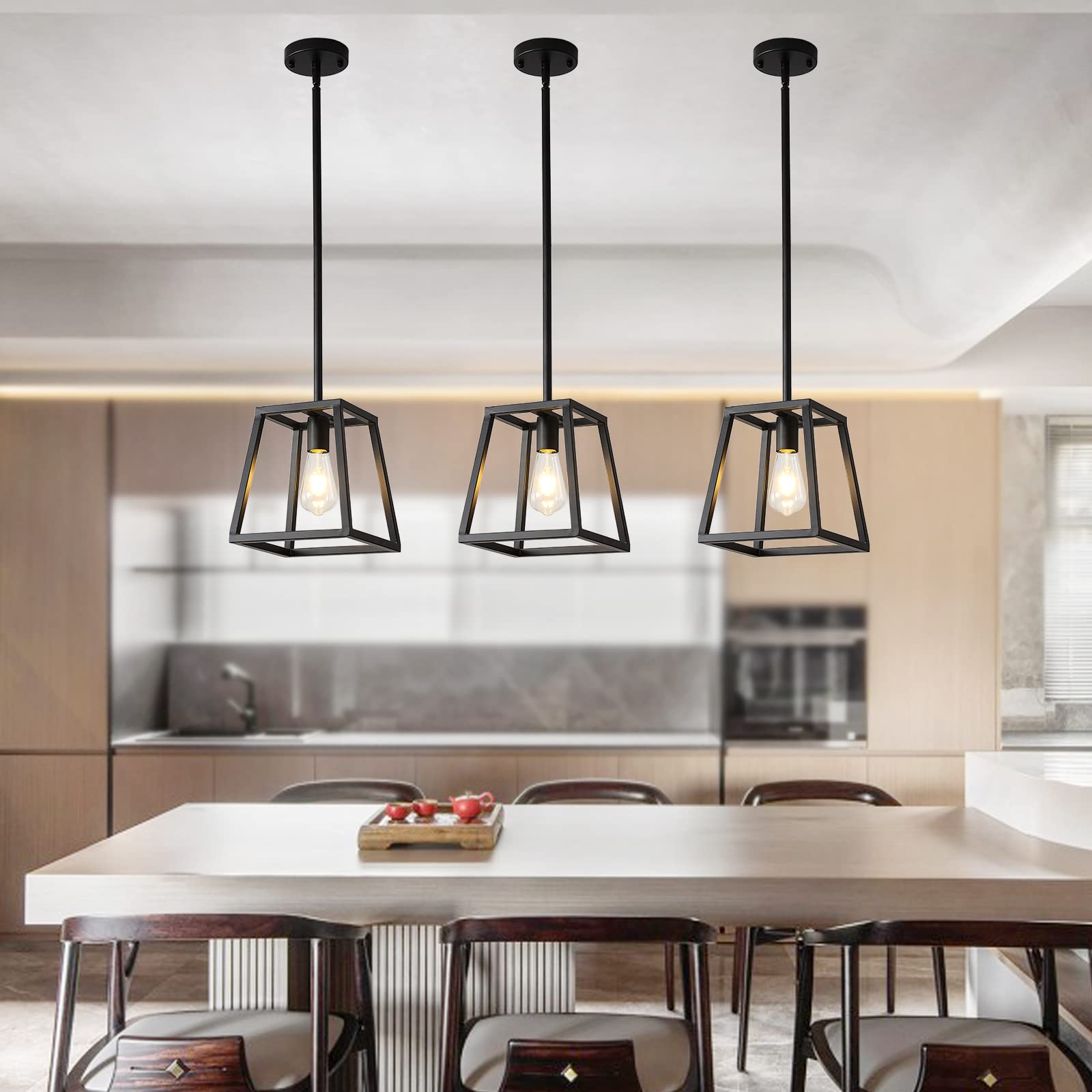 Lámpara colgante negra, mini candelabros rectangulares, iluminación colgante para isla de cocina, sala de estar, 1 luz colgante industrial para isla de cocina 2