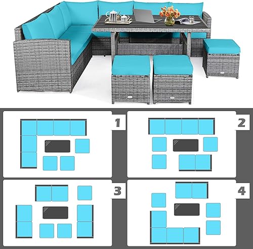 Miniatura 5 de HAPPYGRILL Juego de muebles de mimbre de ratán de 7 piezas con cojines de sofá, juego de sofá de ratán para exteriores con mesa de comedor y