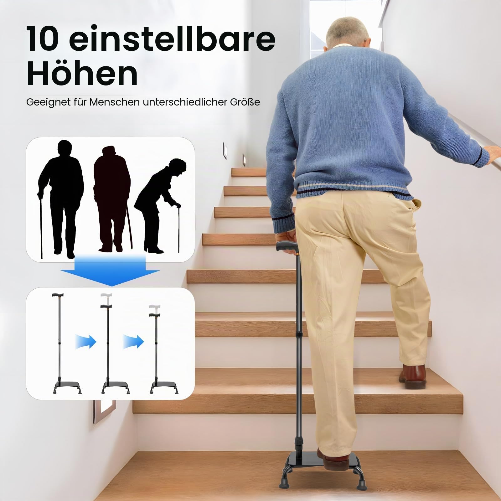 Treppensteighilfe, Treppensteigstock, 10 Einstellbare Höhe 85-105cm, Max 150kg, Gehstock, halbe Stufe, Balance-Gehstöcke, für Menschen mit schmerzenden Knien