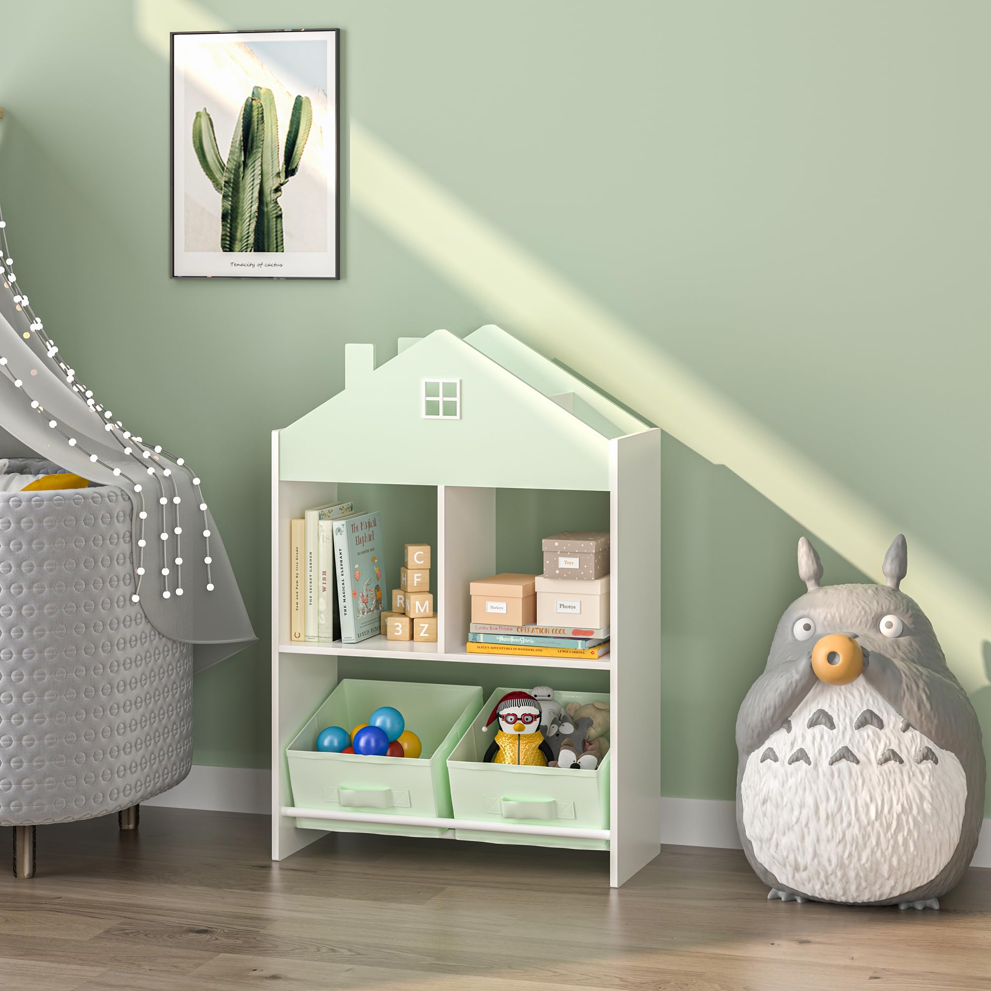 [en.casa] Kinder Bücherregal Vipsali Kinderregal in Hausoptik mit 2 faltbaren Aufbewahrungsboxen Spielzeug Aufbewahrung 90 x 60 x 27 cm Mintgrün/Weiß