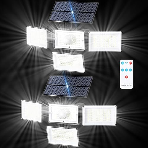 Miniatura 1 de CADUKE Luces solares con sensor de movimiento para exteriores, 4 cabezales de luces solares de seguridad con control remoto, IP65 impermeable 2500LM