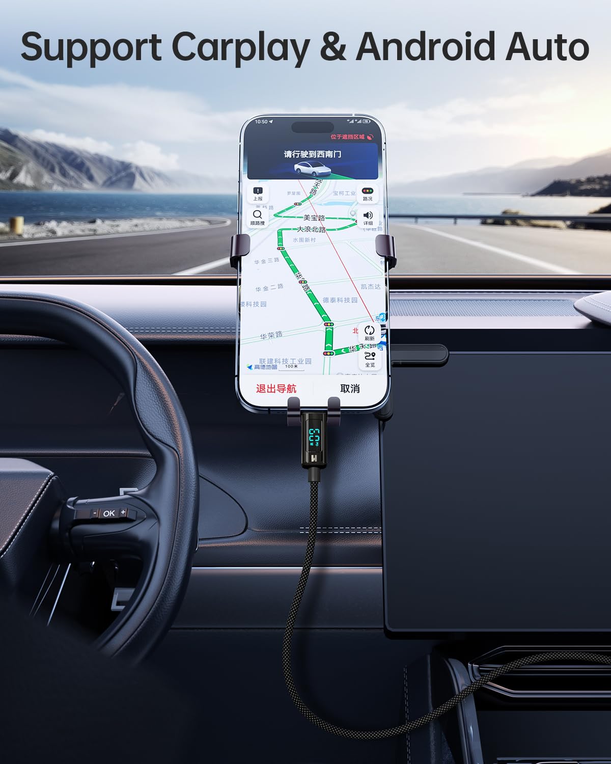 Hichain Cable USB C de carga rápida tipo C de 4 pies con pantalla LED, aleación de zinc plateado y nailon trenzado USB C a USB C para iPhone 17/16/15, MacBook, iPad Pro, Galaxy S24/S23