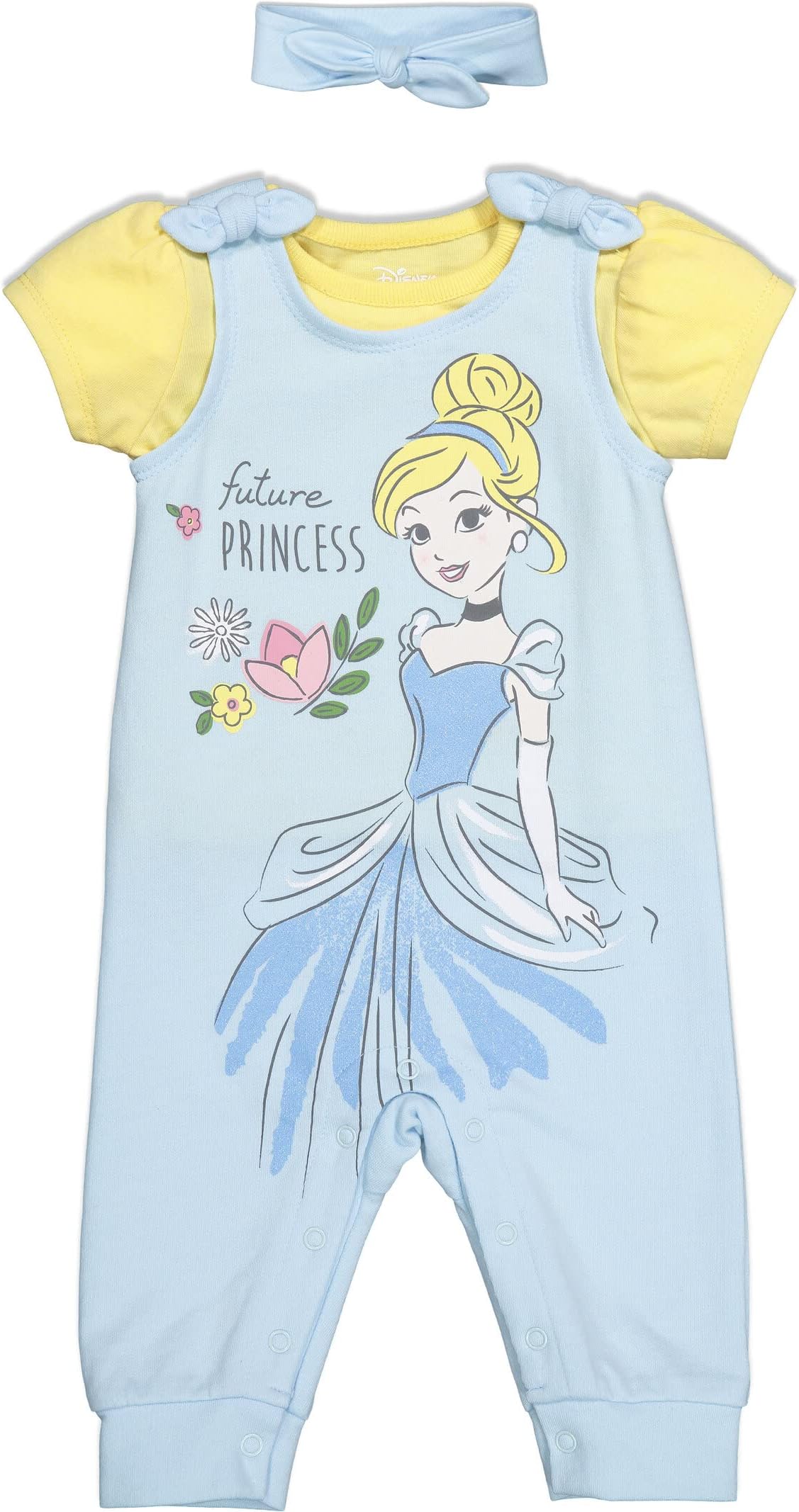 Disney Princess Belle Cinderella Ariel Baby Girls Romper T-Shirt and Headband 3 Piece Outfit Set Newborn to Infant