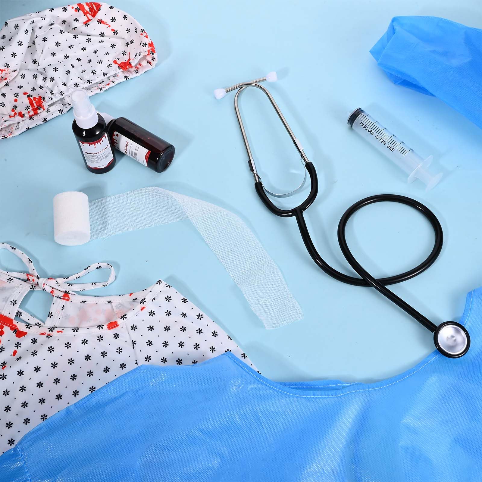 7 Pcs Halloween Couple Medical Costume Hospital Doctor Surgeon Gown Patient Gown Fake Blood Gauze for Halloween Adult Men Women Couple Cosplay Party Dress Up