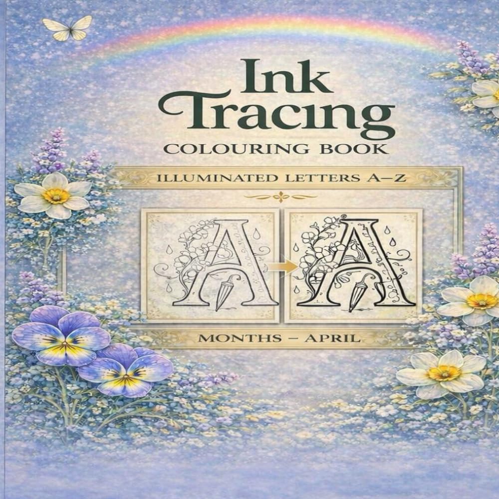 Ink Tracing Colouring Book Illuminated Letters A–Z — Months: April Trace Elegant Illuminated Letters and Turn Faint Guides into Beautiful Ink Artwork