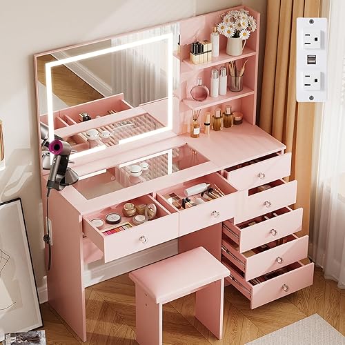 Miniatura 10 de VOWNER Tocador con espejo iluminado: escritorio de maquillaje con parte superior de vidrio y 7 cajones, 3 estantes de almacenamiento y