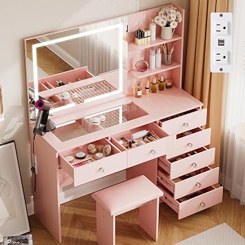 VOWNER Vanity with Mirror and Lights - 47" Glass Top Makeup Vanity Desk with 7 Drawers, 3 Storage Shelves and Outlet, 3 Color Lighting Modes Adjustable Brightness, Makeup Table for Bedroom Pink