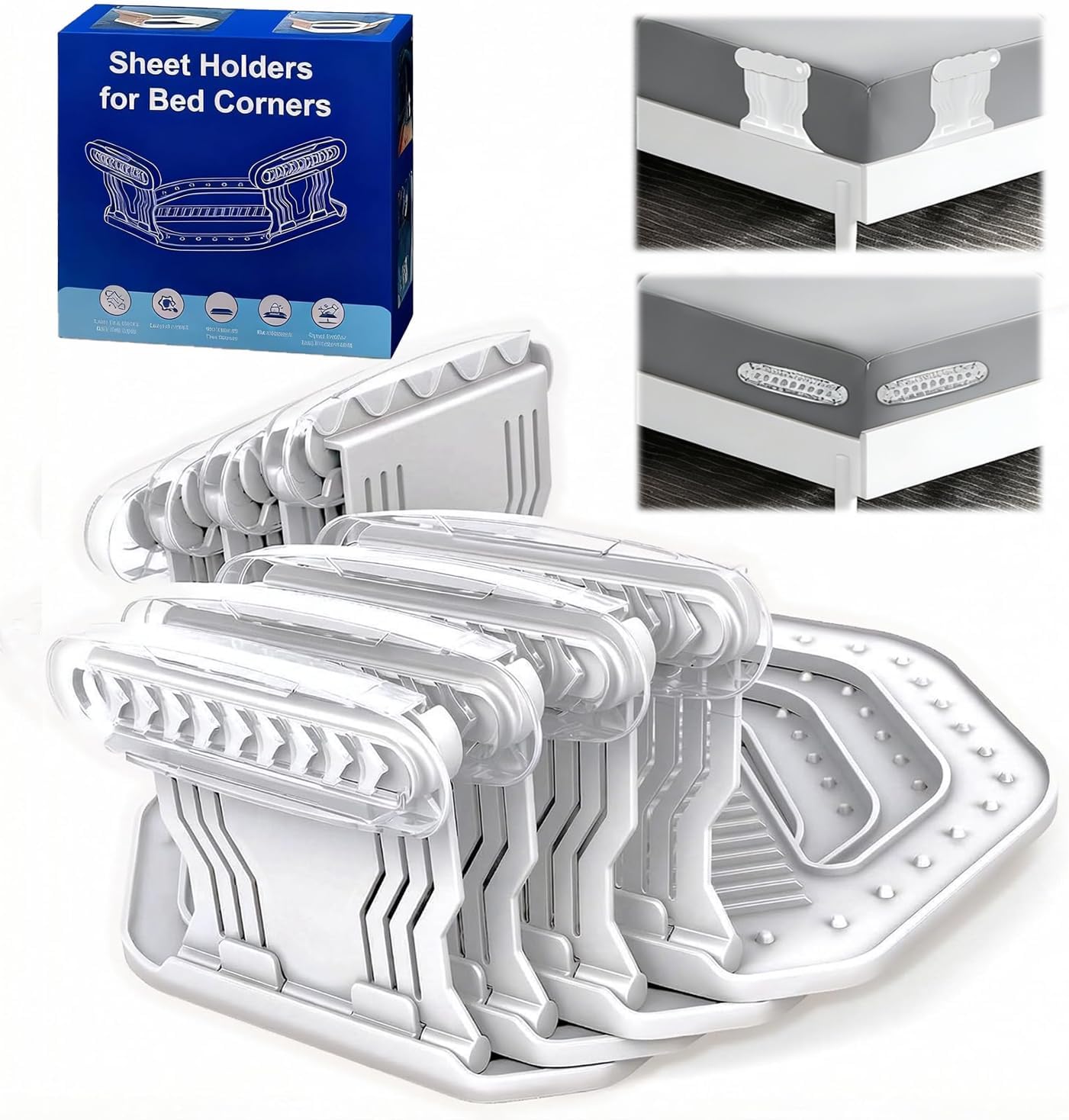 Bed Sheet Holders Keep Sheets Firm & Tight, Upgraded Bed Sheet Fasteners Easy No-Lift Installation, 4Pcs Bed Sheet Grippers Dual-Side Lock, Fitted Sheet Clips for Bedding, Sheet Keepers(White)