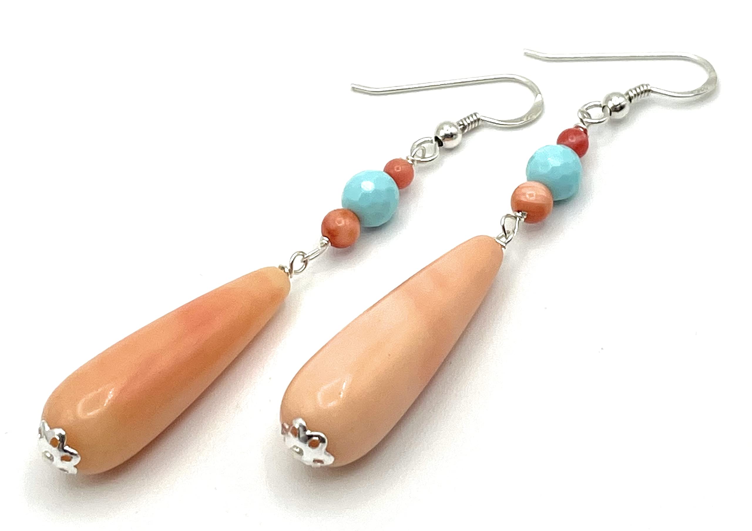 Pendientes Colgantes Largos de Plata 925 y Lagrimas Rosas Coral y Turquesa, Joyas Artesanales, Regalo para Mujeres