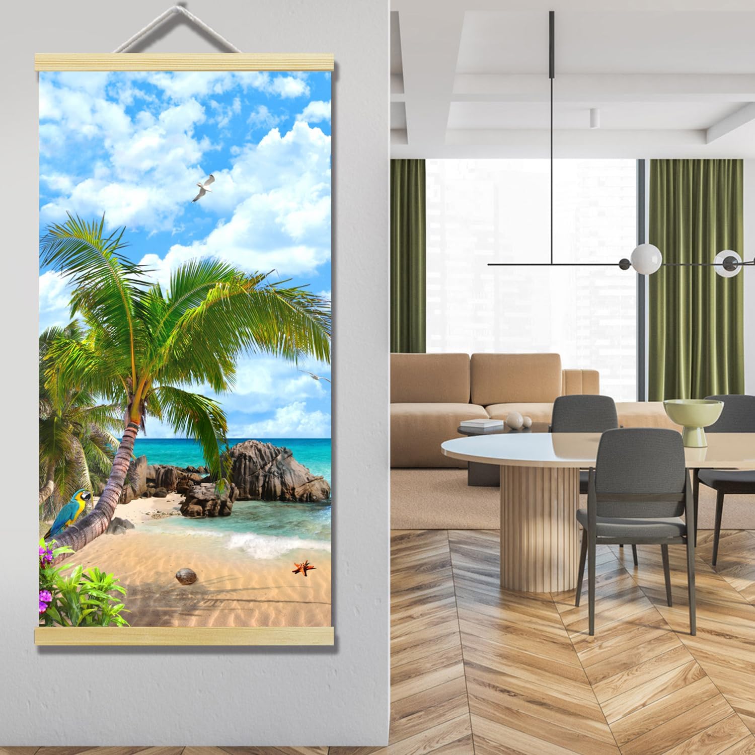 CanvaCrafted Beach Wall Art for Living Room Ocean Canvas Hanger Decor for Home Tropical Palm Tree Picture Scroll Wood Art Coastal Painting for Bedroom Gold Sunset Art Print for Bathroom Office Decor