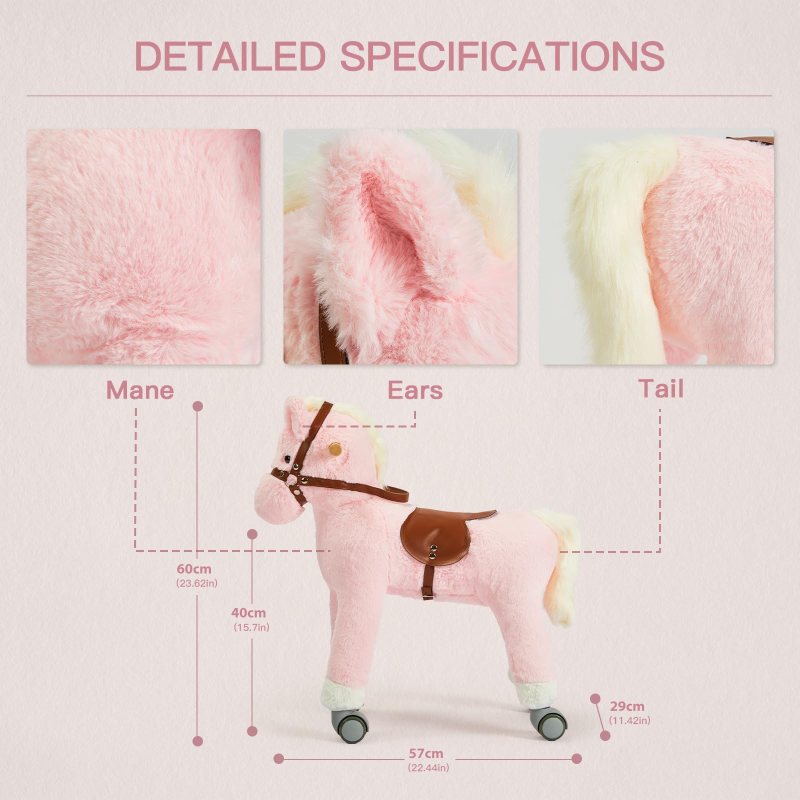 Labebe Cavallo da equitazione, cavallo da gioco con ruote in peluche