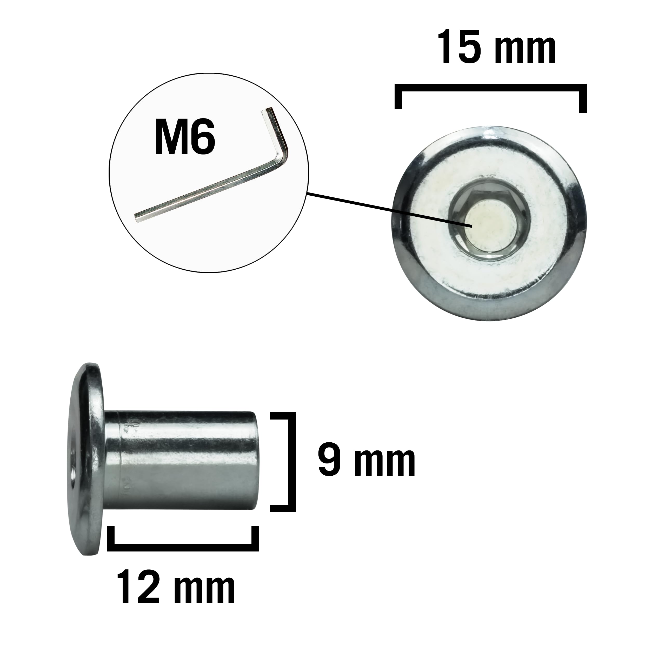 Dadi Manicotto M6 X 15 Mm - 50 Pezzi, Acciaio Zincato, Testa Piatta Esagonale - Foto 2