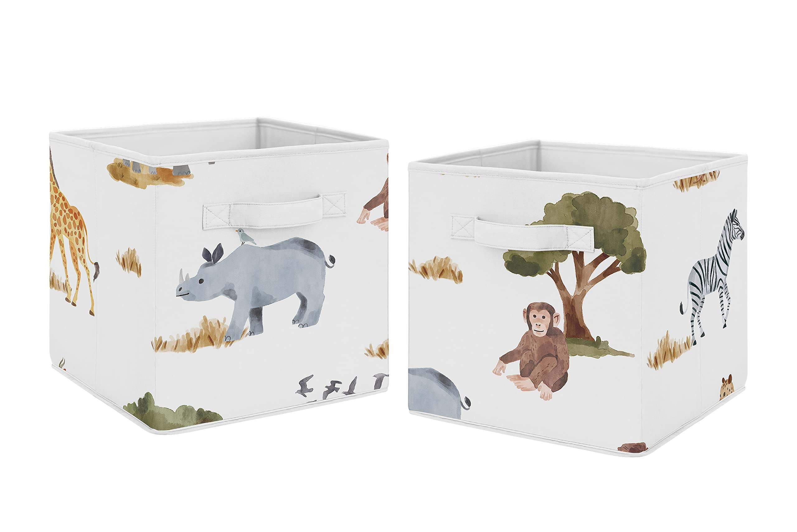 Sweet Jojo Designs Jungle Animals Foldable Fabric Storage Cube Bins Boxes Organizer Toys Kids Baby Set of 2 Dark Hunter Green Yellow Grey Black White