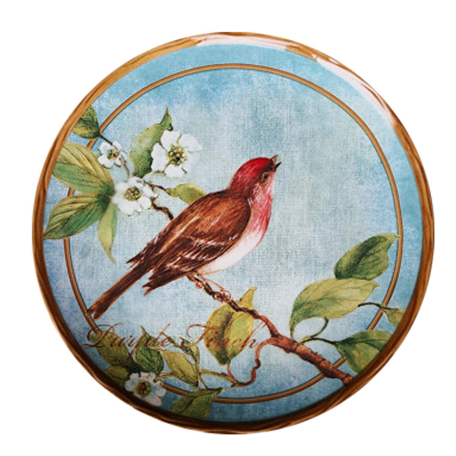 SHINING Pastoral Bird Pattern Ceramic Square Plate Round Plate Fruit Plate Vintage Fruit Square Tray (8.6" Round Plate A)