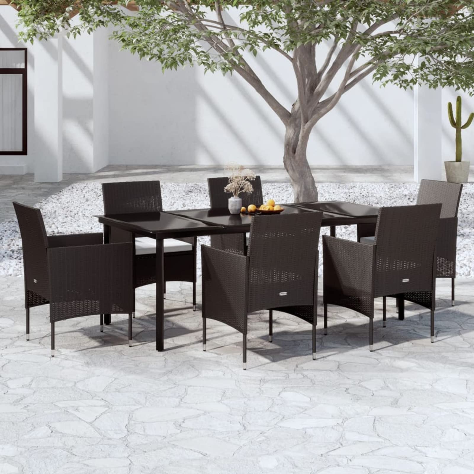 Juego de Comedor para Jardín Negro - Mesa 200x100x74 cm, 6 Sillas de Ratán PE, Vidrio, Acero - Adecuado para Exterior