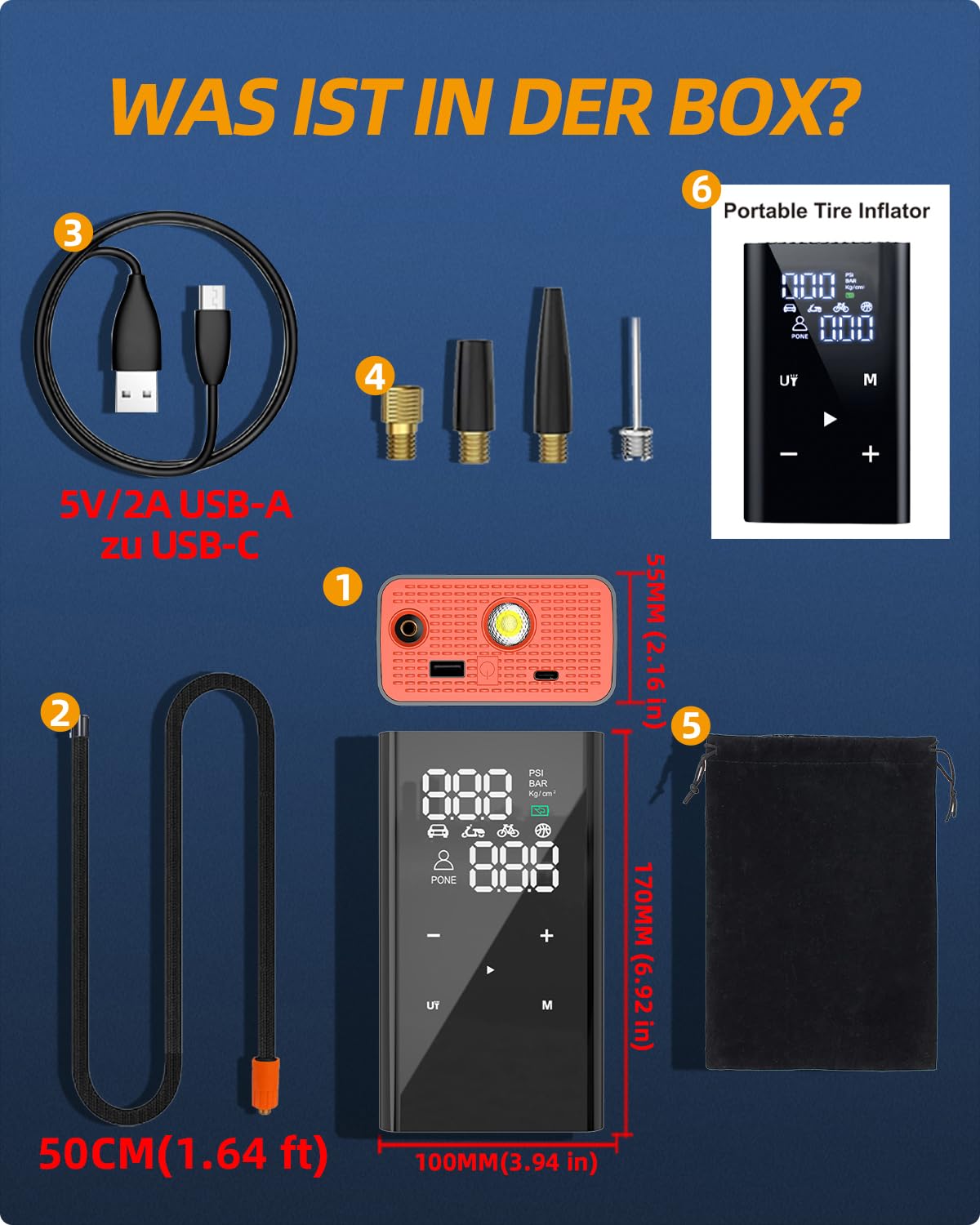 12000mAh Akku Luftpumpe Auto, 4X Schneller Mini Kompressor, 150PSI Fahrradpumpe Alle Ventile, Elektrische Luftpumpe Klein Mit Manometer/Lampe/Typ C, Für Motorrad/Fahrrad/Fußball