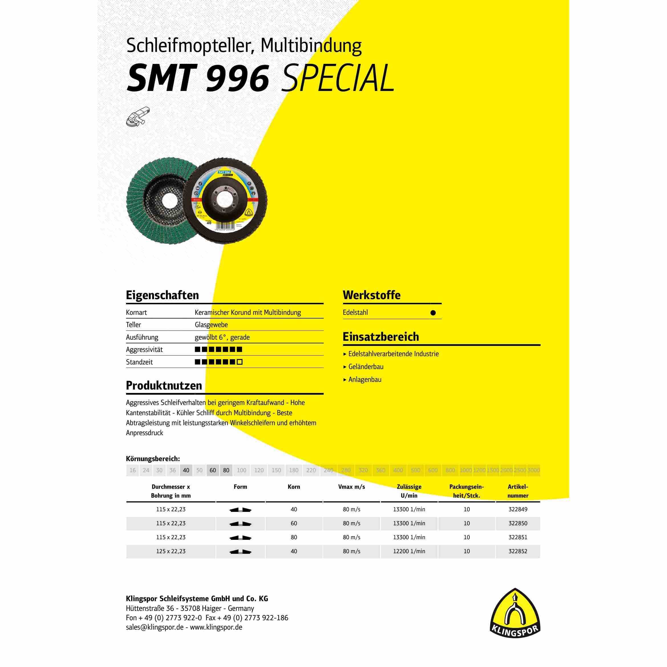 10 x Platorello lamellare KLINGSPOR SMT 996 legatura multipla Ceramica, 125 x 22,23 mm grano 60 convesso Art.: 322853