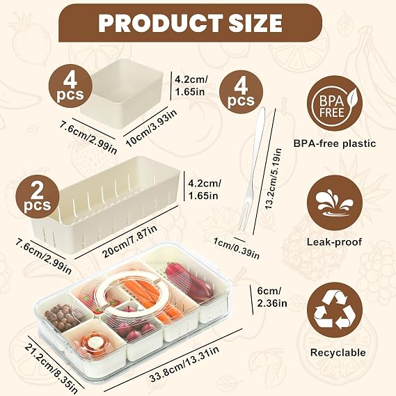 Divided Snackle Box with Lid and Handle, Snack Box with 6 Compartments, Snack Tray with 4 Forks Dishwasher Safe for Plane, Travel & Picnics, Holding Fruits, Nuts, Sweets, Crisps
