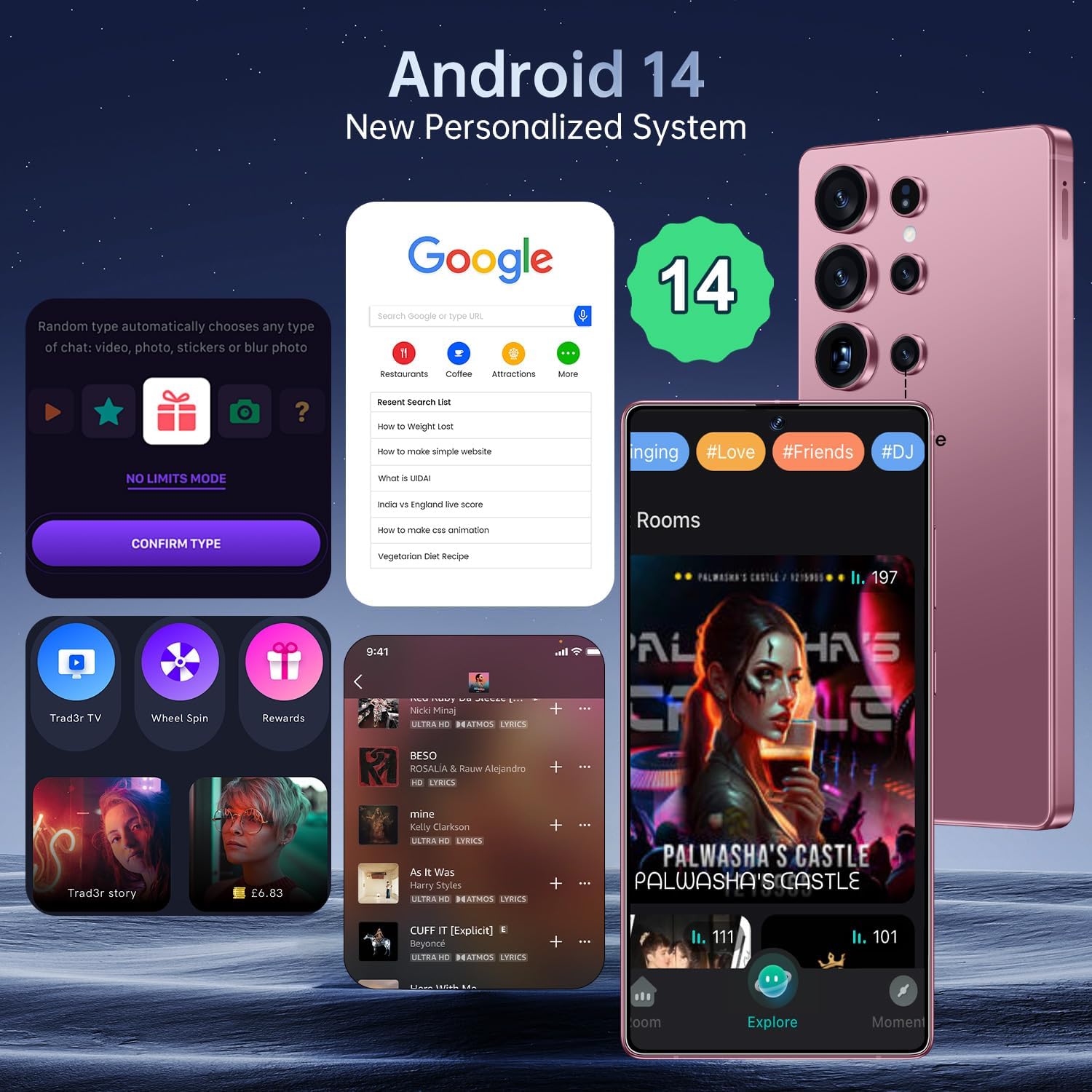 BDWJW I25 Ultra Smartphone 16GB+512GB Android 14 Smartphone, 6.99" FHD+ Display, 7000mAh Battery, 108MP+68MP Dual Camera, Built-in Pen Stylus, Fast Performance Large Memory (Rose-HSQ-3)
