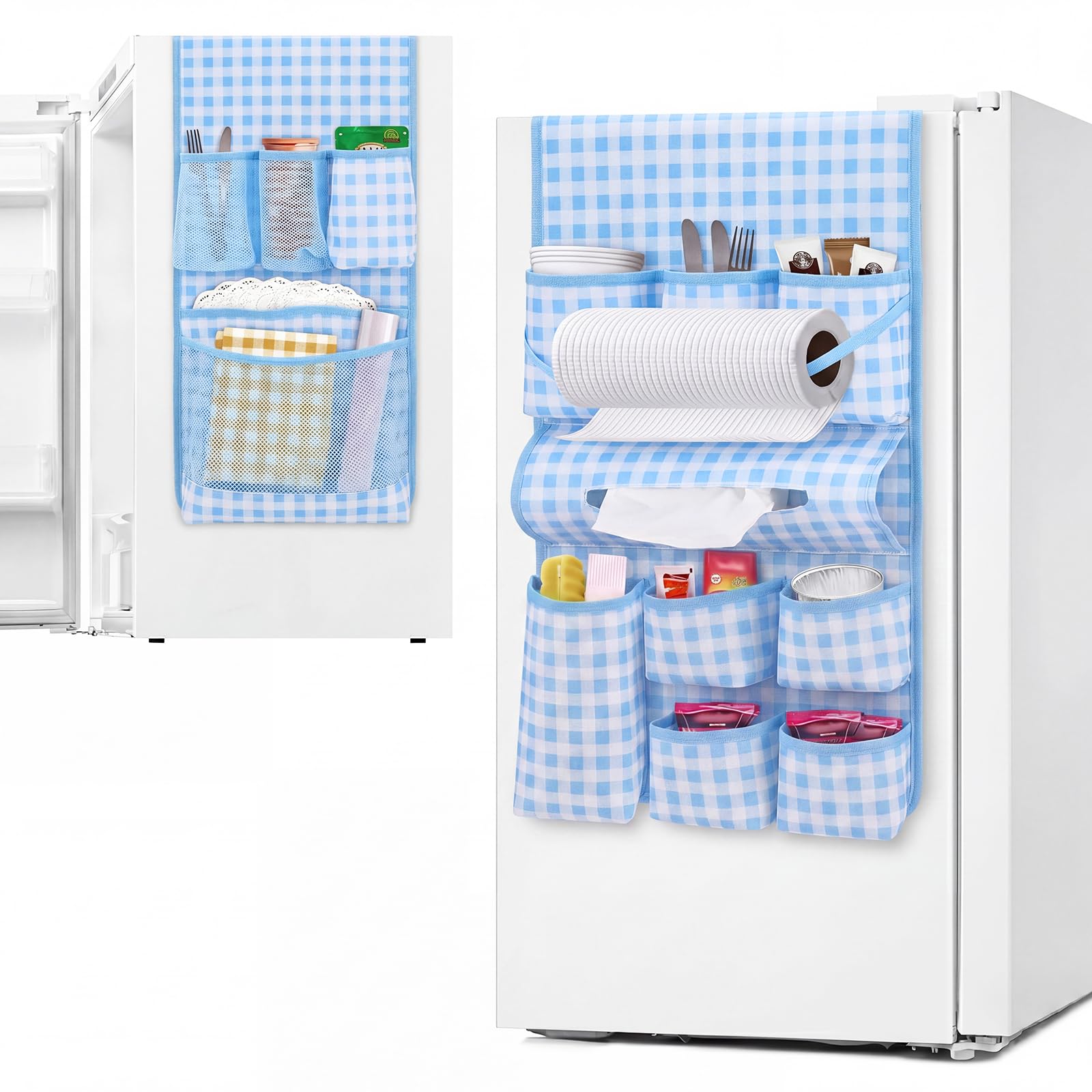 �️ Mini Fridge Organizer with 14 Pocket for Dorm,Gingham,Blue — deal on Shopping With Noya