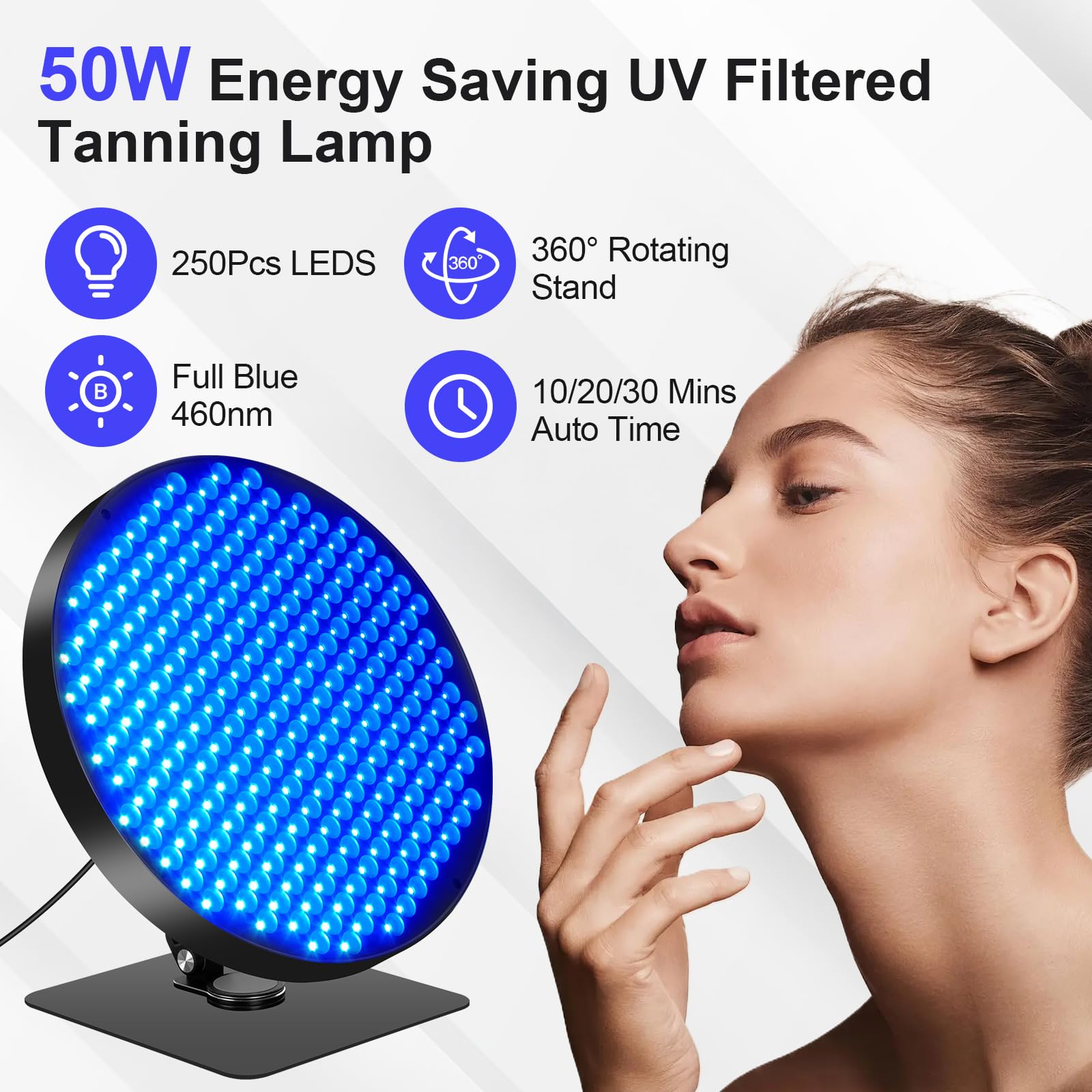 Heim-Solarium, 50W Tisch-Bräunungslampe, 460NM Bräunungslicht mit 250 LEDs, 360° verstellbare Lampe für Gesicht und Körper mit Zeitschaltuhr, Schwarz