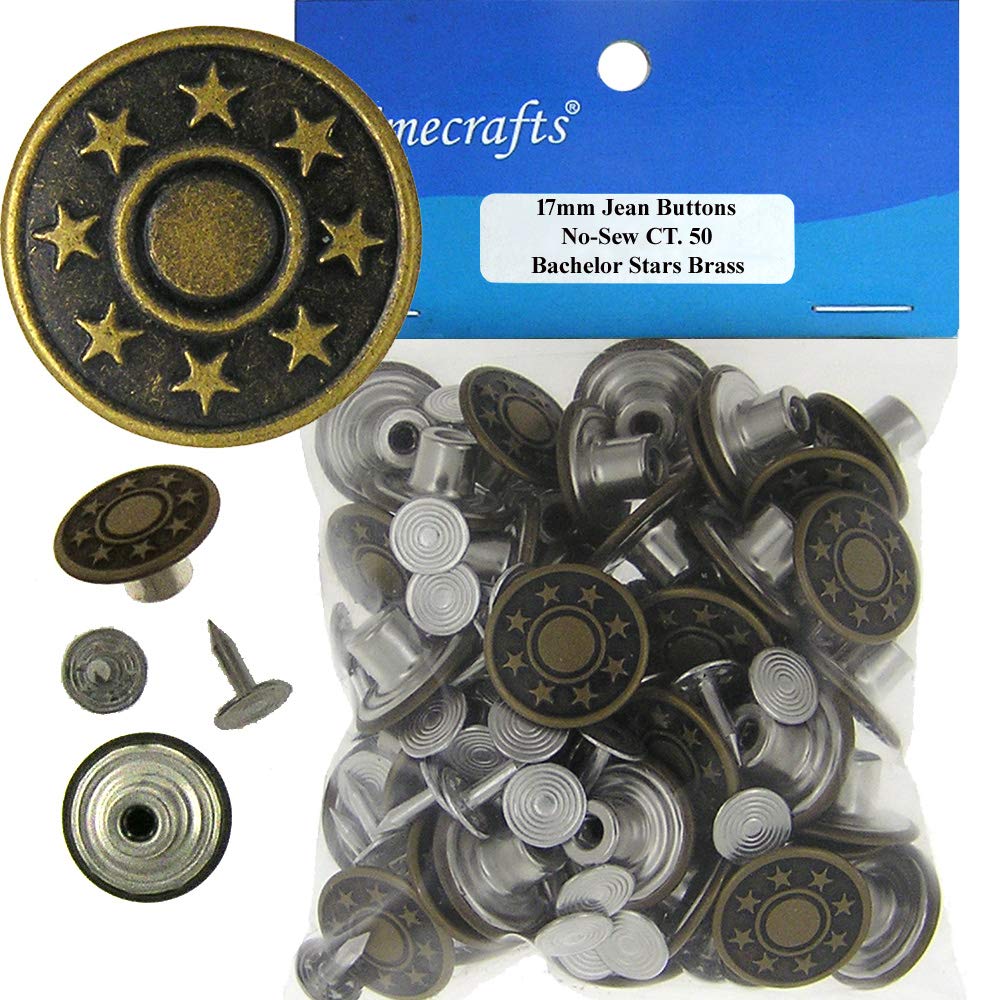 17 mm No-Sew Bachelor Stars Brass 50 Jean Tack Buttons