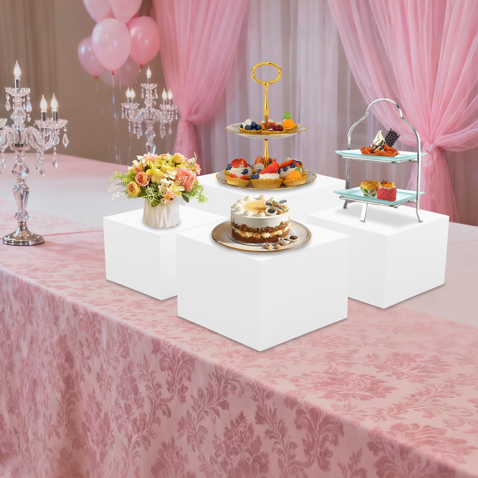 Juego de 4 soportes para tartas de acrílico blanco, cuadrados, en 4 tamaños (8, 9, 10, 12 pulgadas), soporte apilable para cupcakes, para bodas, cumpleaños, fiestas, panaderías, etc