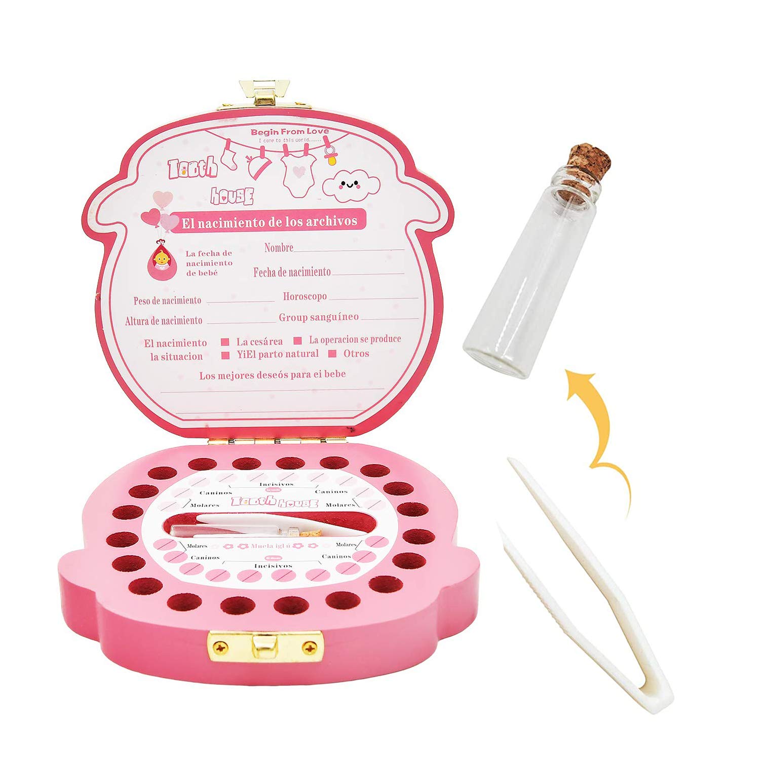 Caja de Dientes,Caja Dientes Leche, Caja para Guardar Dientes para Pegatinas españolas, Personalizar Bebé Dientes Caja (Niña)