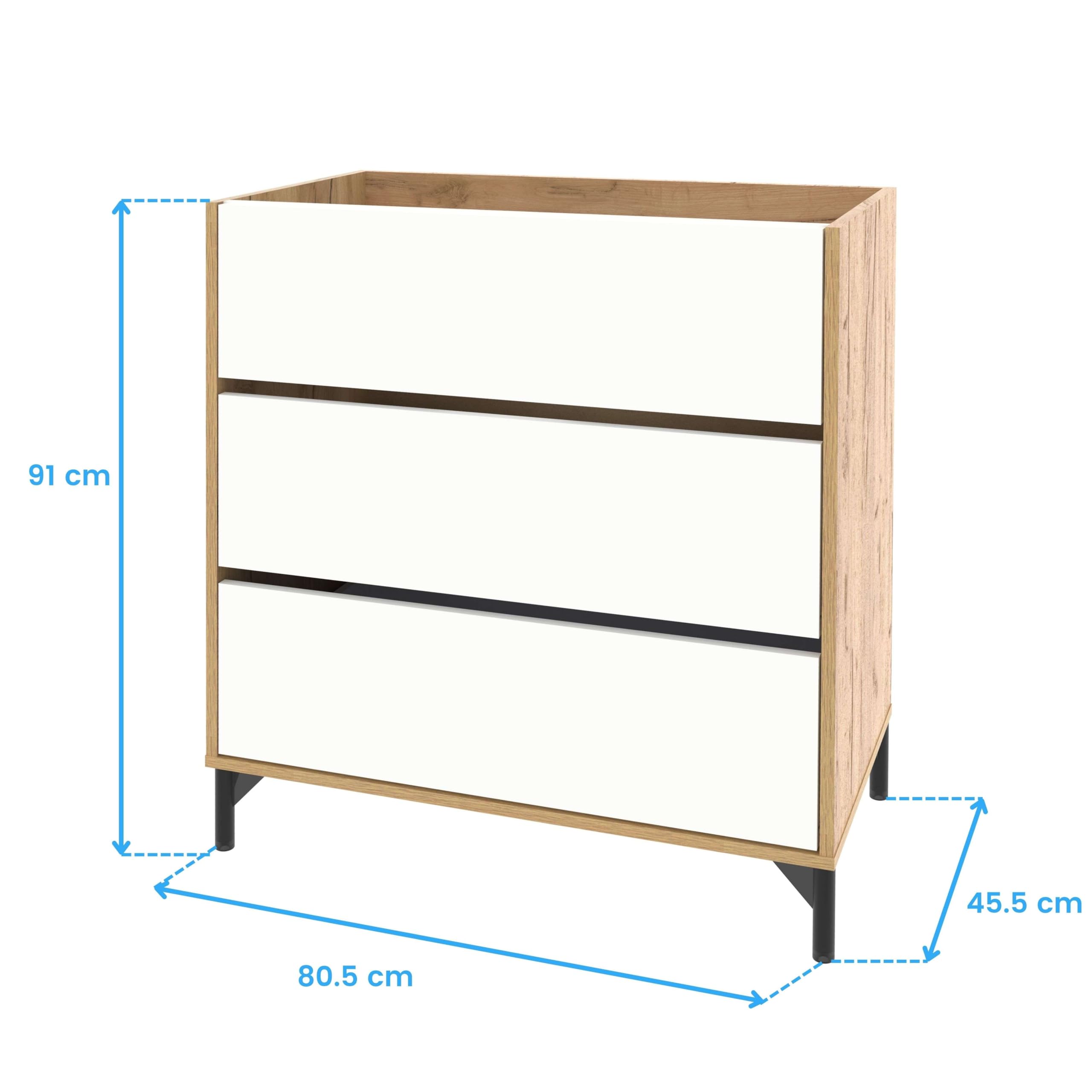 Mueble de Baño con Espejo Incluido, Roble Kraft/Blanco, 3 Cajones, 80cm, Ancho con Patas, para Lavabo encastrado NO Incluido, Estilo Moderno Modelo Elba
