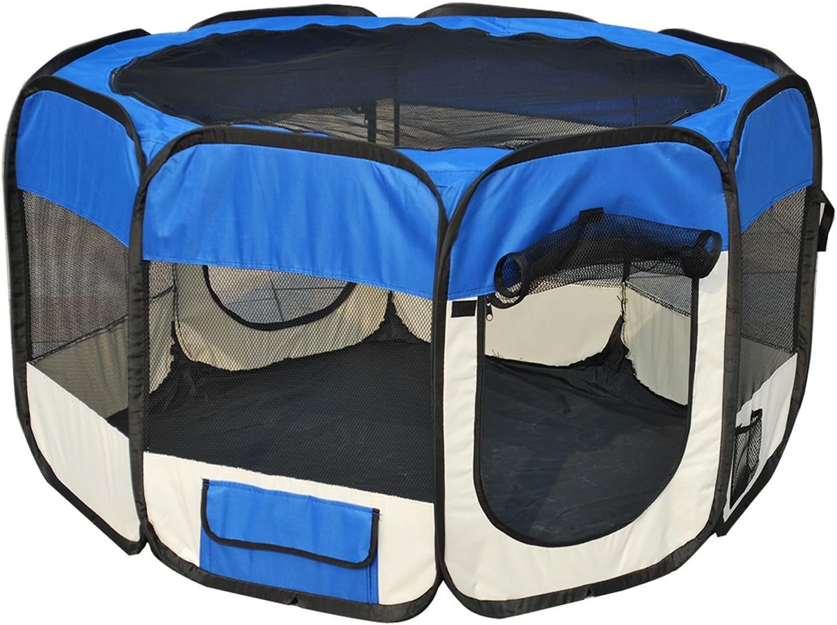 WELLHOME 8-Panel Foldable Puppy Playpen Play Pen for Dogs Cats Pets Oxford 48 x 48 inch Blue