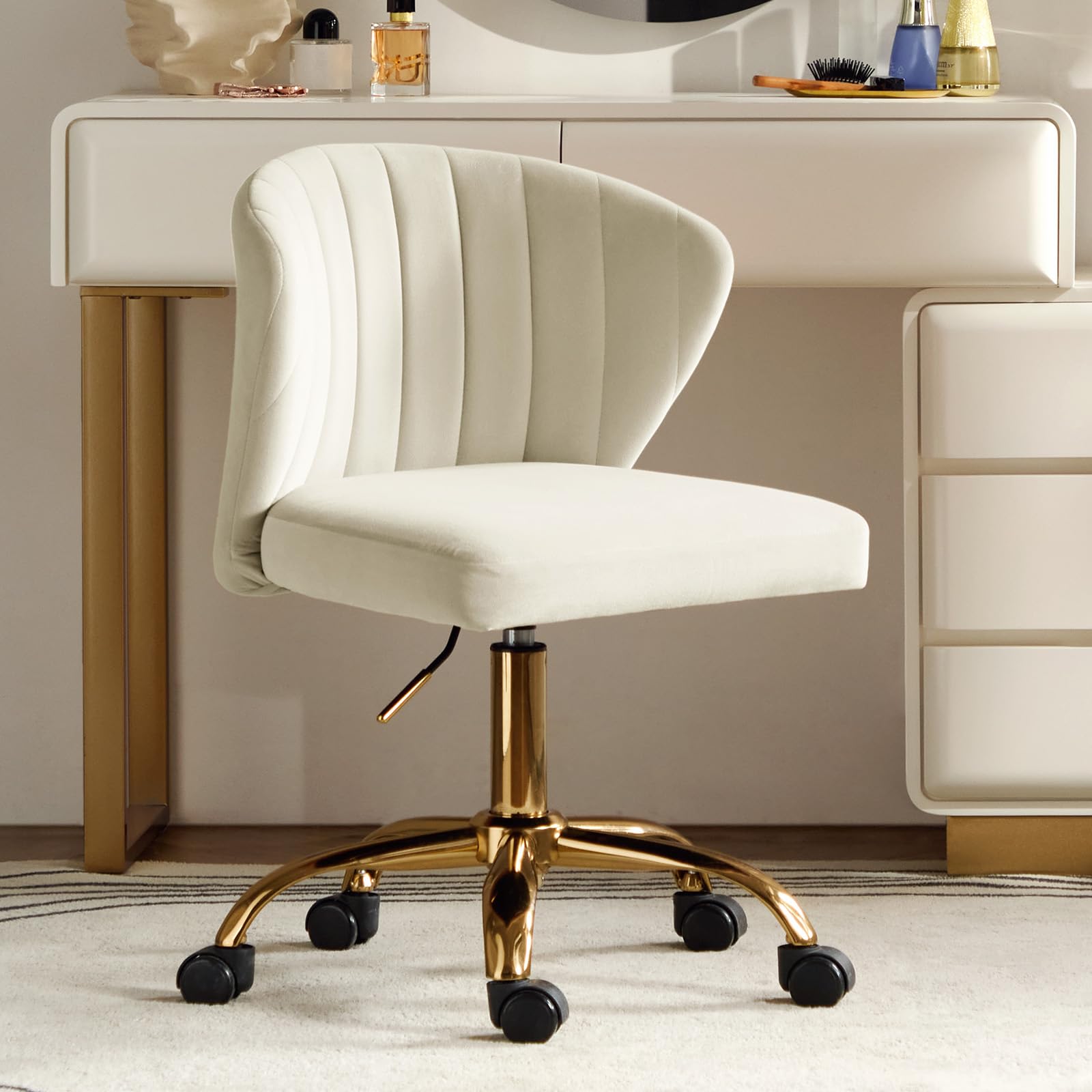 HULALA HOME Swivel Office Chair Desk Chairs Velvet Comfy Upholstered  Computer Cute Chairs with Adjustable Height Padded Cushion for Home  Office, TAN