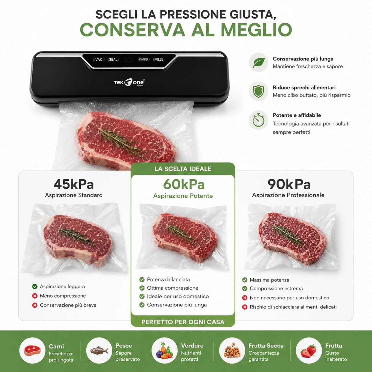 Macchina Sottovuoto Automatica 110W con 10 Sacchetti Inclusi | Sigillatrice Alimenti Compatta VAC/SEAL | Aspirazione -60KPa | Barra Saldante 30 cm | Display Touch Nero
