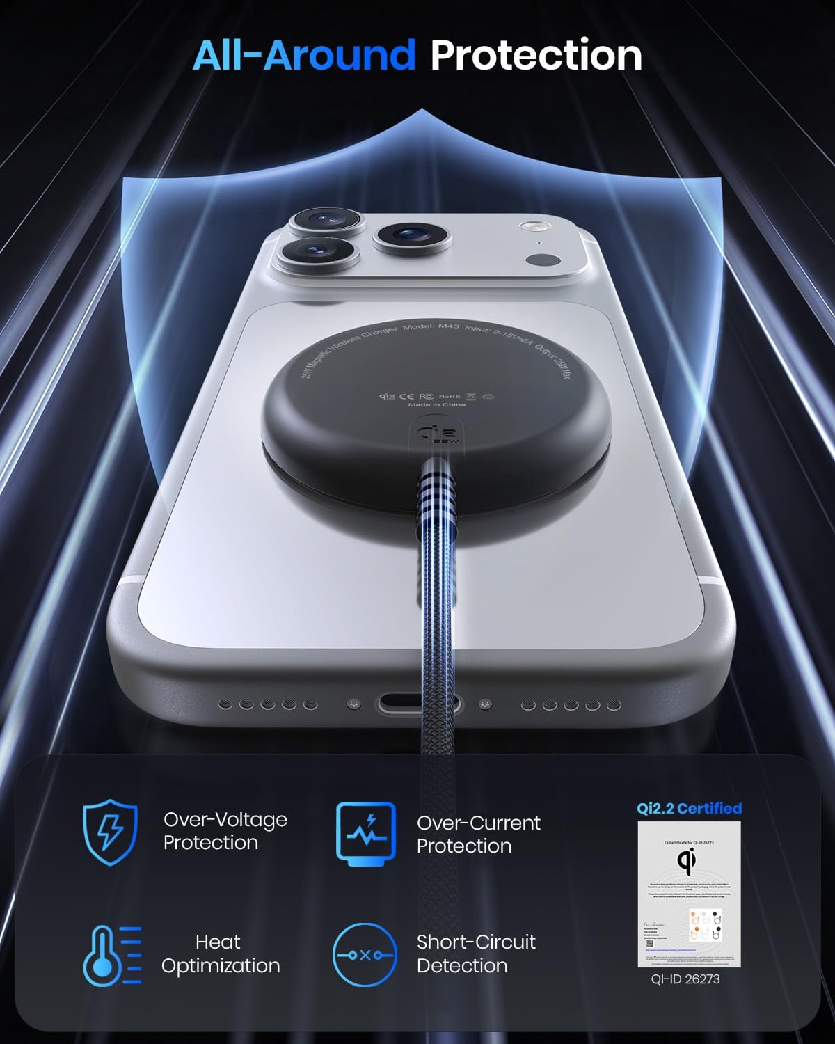 Magnetic Wireless Charger, 25W 5ft Qi2 Fast Charging Pad Compatible With MagSafe for iPhone Air/17e/17/16/15/14/13/12, AirPods 4/3/2/Pro, Pixel 10 Series & More(No Adapter)-Black — view 5