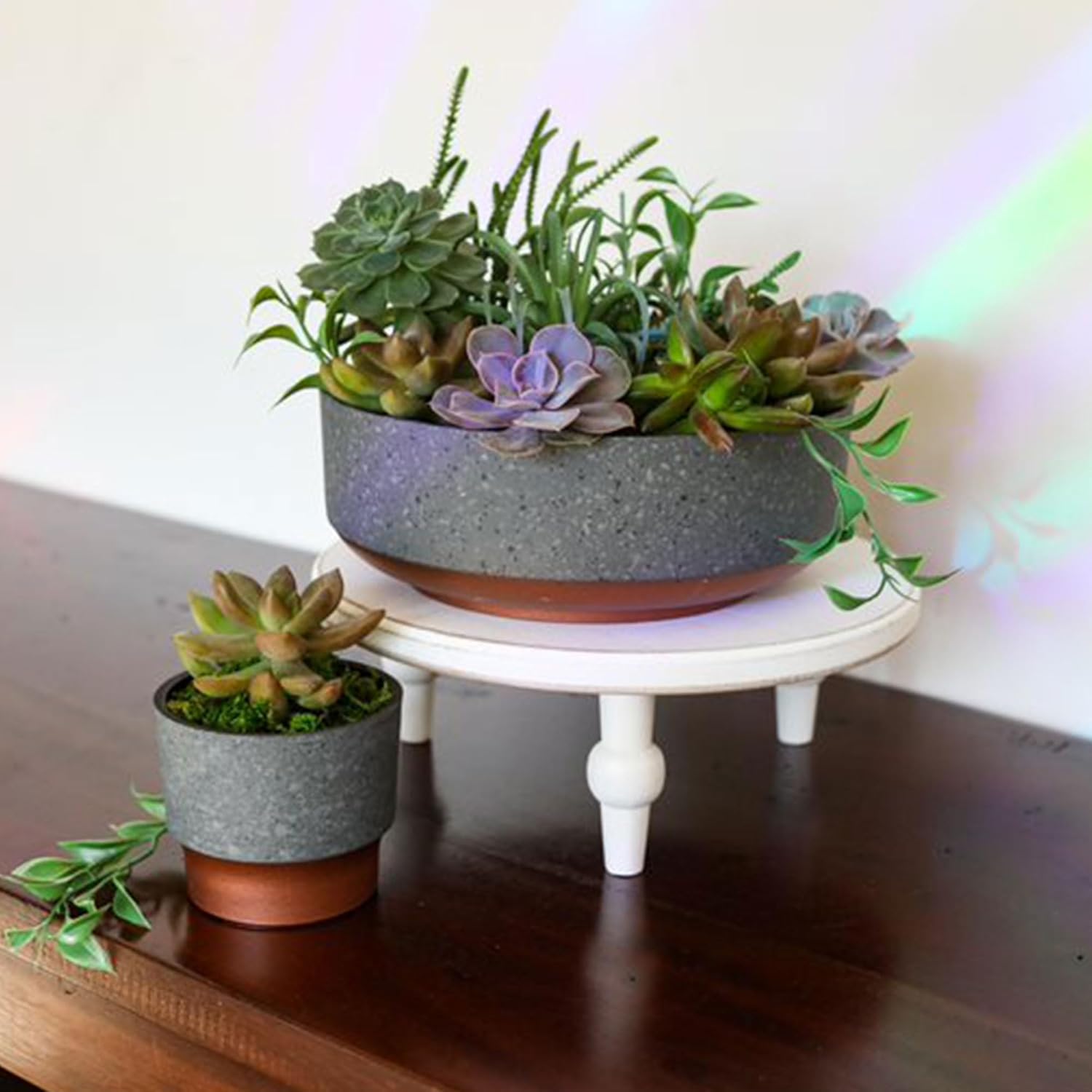 The HC Companies 8 Inch Round Capri Bowl Decorative Indoor Flower Succulent Planter Pot with Drain Plug Hole, Faux Concrete with Copper Base (2 Pack)